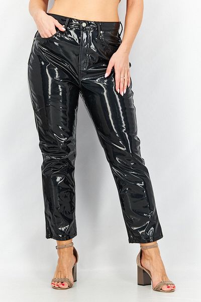 TopShop Women Regular Fit Textured Vinyl Pants, Black
