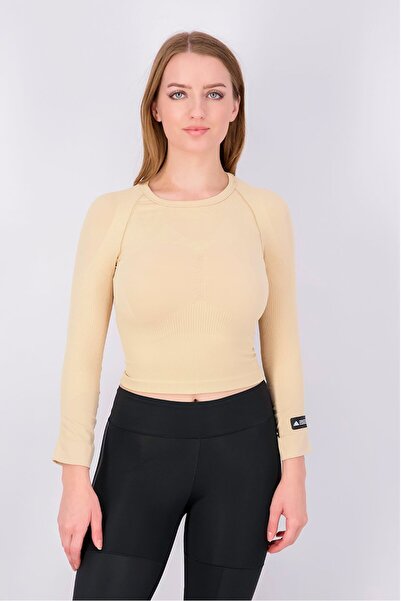 adidas بلوزة رياضية نسائية بأكمام طويلة ونقشة زهور، بيج