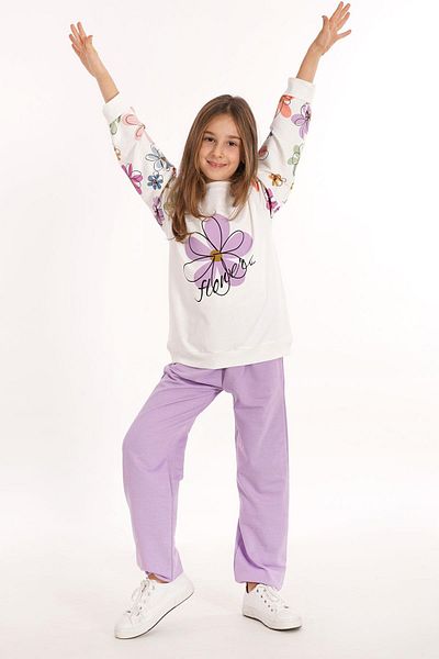 zepkids Floral Printed Ecru Lilac Color Girl's Tracksuit Set