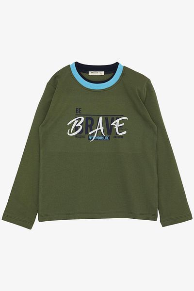 Breeze 5-9 Years Old Boy T-Shirt - Long Sleeve, Text Printed, Dark Khaki Green