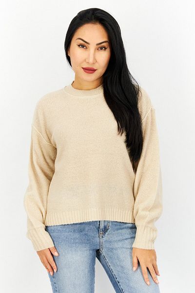 edc Women Crew Neck Knitted Sweater, Tan
