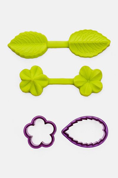 iBiLi 4 Pieces Flower And Leaf 3d Silicone Fondant Mould Set, Green