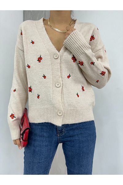 Modamorfo Spread Floral Embroidered Knitwear Cardigan -Cream