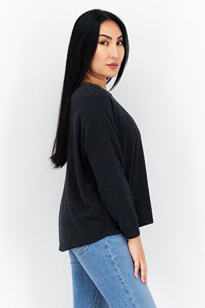 s.Oliver Women Bateau Neck Long Sleeves Plain Sweatshirt, Charcoal