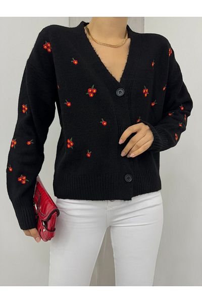Modamorfo Spread Floral Embroidered Knitwear Cardigan - Black