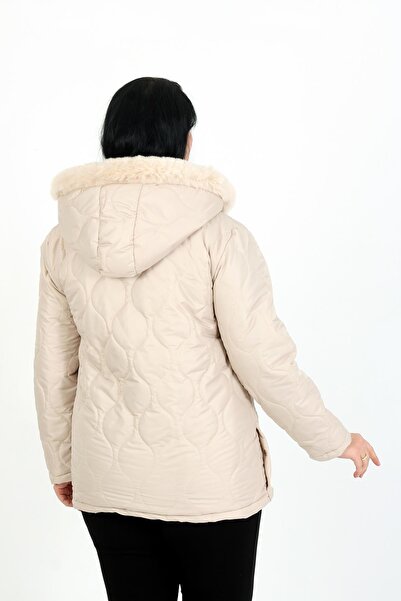 By Alba Collection Γυναικείο μάλλινο καπιτονέ παλτό Ecru Plus Size