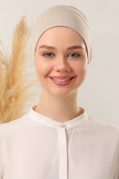 Melodi Scarf Μπεζ Hijab ραμμένο γυναικείο χτενισμένο βαμβακερό σετ καπό - 5 κομμάτια με γραβάτα