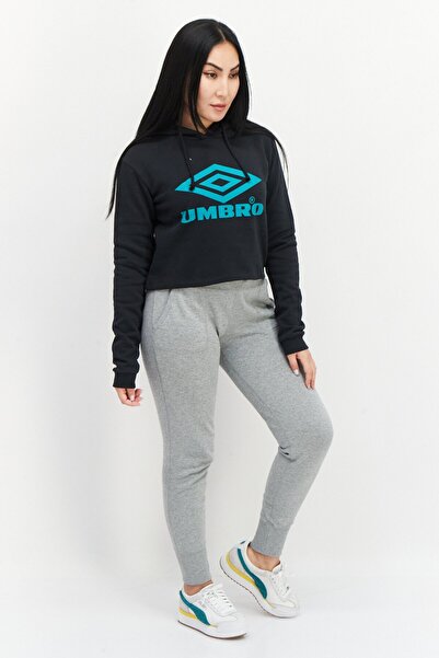UMBRO Women Hooded Neck Graphic Printed Cropped Sweatshirt, Black
