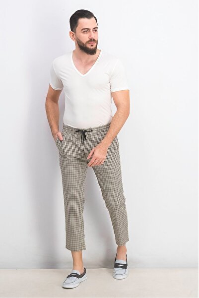 TopMan Men Regular Fit Houndstooth Printed Drawstring Pant, Stone