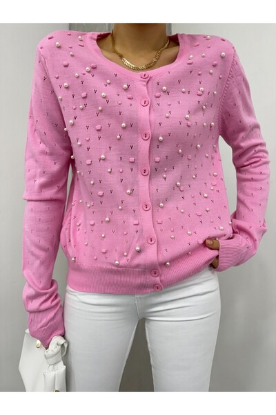 Modamorfo Pompom Pearl Knitwear Cardigan -Pink