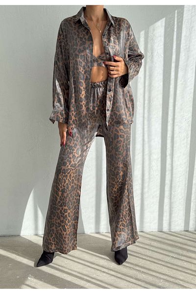 forte bella Mono Leopard Print 3-Piece Women's Shirt Set