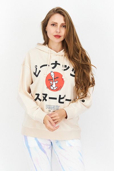 PEANUTS Women Oversized Fit Hooded Long Sleeve Graphic Print Sweatshirt, Beige