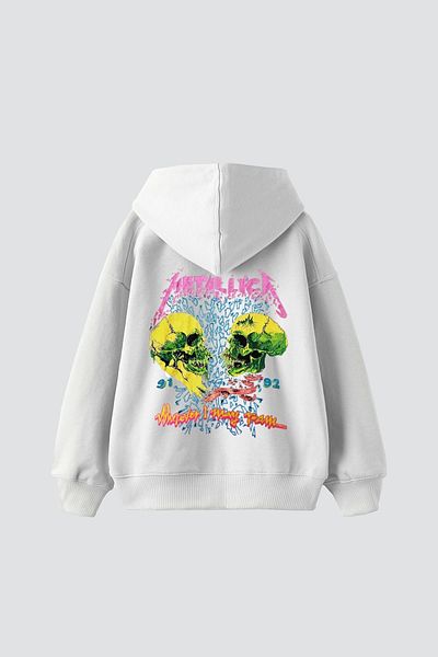 Sekizbiraltı Metallica Skull Printed Oversize Unisex Premium White Hoodie
