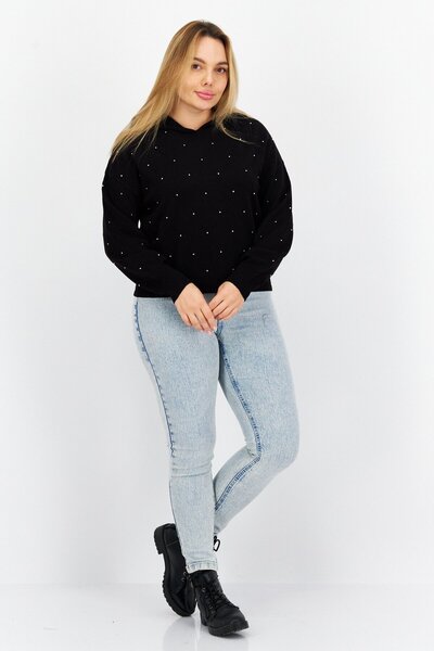 comma Women Hooded Long Sleeves Textured Sweatshirts, Black