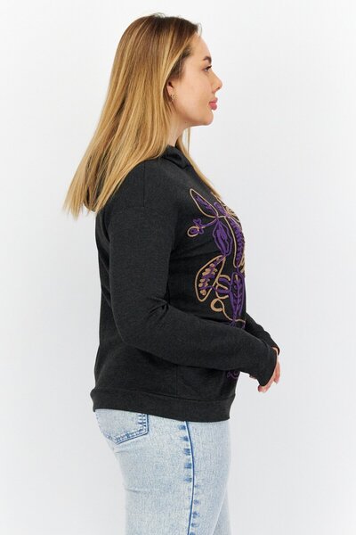 comma Women Hooded Long Sleeves Embroidered Sweatshirts, Black