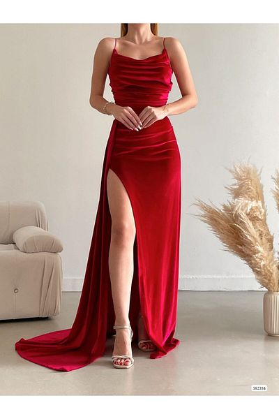 WOST Women's Red Rope Strap Slit Velvet Fabric Evening Dress Dress Wedding Engagement Graduation Dress