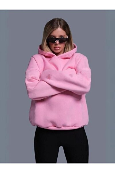 EXPECTED Γυναικείο φούτερ με στάμπα ροζ ματιών - 3 κλωστές χοντρές και κουκούλα