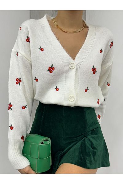 Modamorfo Ecrufarbene Strickjacke mit Blumenstickerei