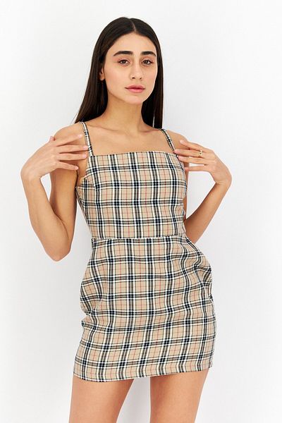 BOOHOO Women Petite Square Neck Sleeveless Checkered Mini Dress, Beige