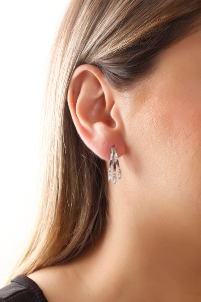 SUNSHINE 925 Ayar Gümüş, 3'lü Baget Taşlı Tasarım Küpe