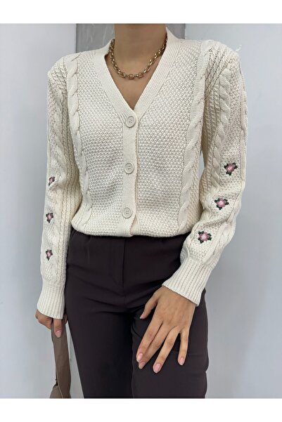 Modamorfo Cream Colored Floral Embroidered Knitted Knitwear Cardigan