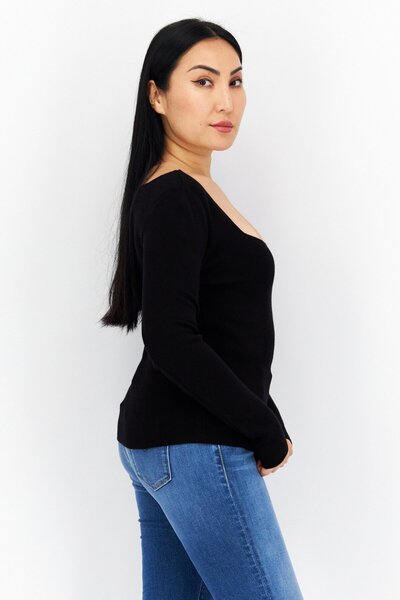 comma Women Square Neck Long Sleeves Plain Sweatshirts, Black