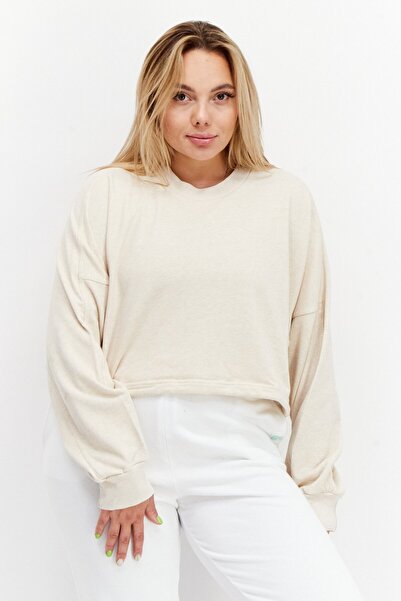 adidas Women Sportswear Fit Crew Neck Brand Logo Outdoor Sweatshirt, Beige