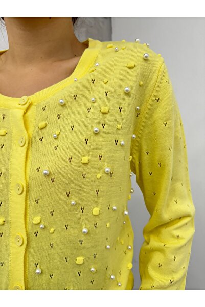 Modamorfo Pearl Pompom Knitwear Cardigan - Yellow