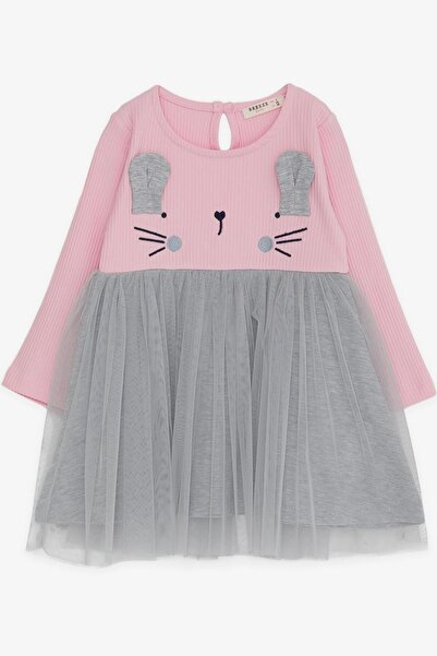 Breeze Kız Çocuk Uzun Kollu Elbise Kedicik Nakışlı 1.5-5 Yaş, Pembe