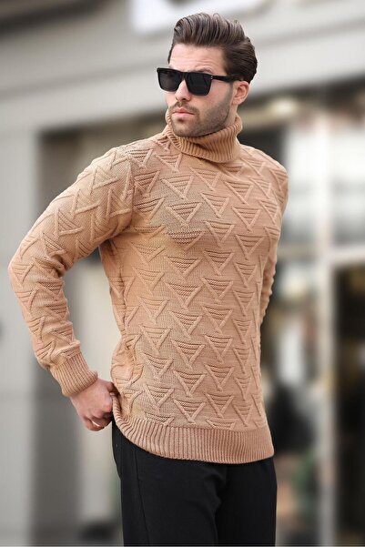 Madmext Camel Turtleneck Patterned Men's Sweater E7292