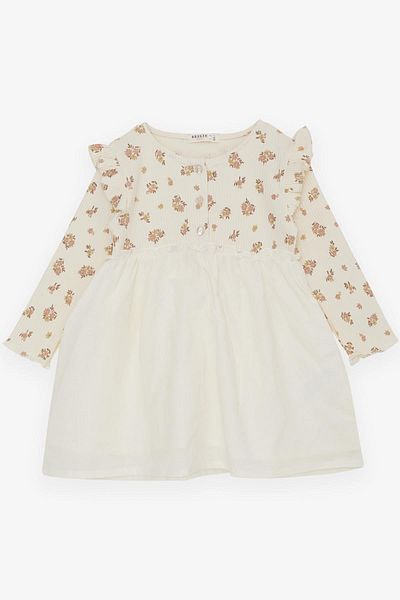 Breeze 2-6 Years Girl's Dress - Long Sleeve, Floral Print, Button and Ruffle on the Shoulder, Cream