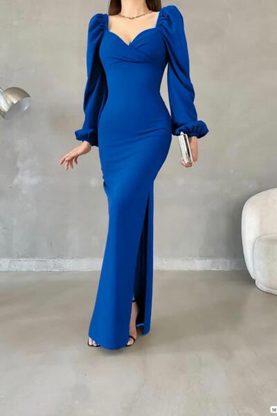 Deafox Saks kék hercegnő ujjú hasított részlet édes nyakkivágással importált krepp szövet hosszú ujjú hosszú ruha