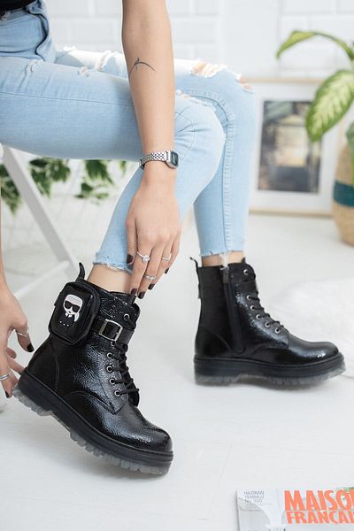 RANA SHOES Κοριτσίστικες μπότες μαύρες λουστρίνι με φερμουάρ και λεπτομέρεια στην τσέπη