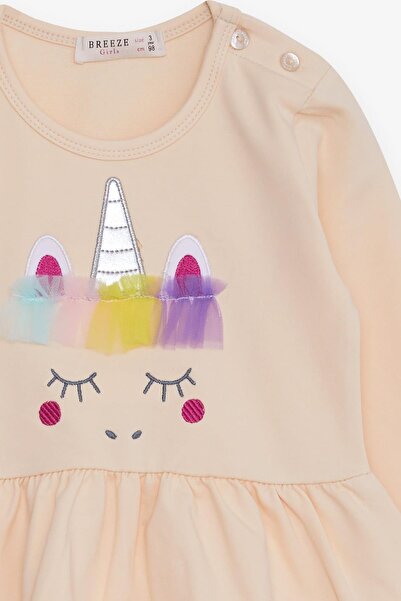 Breeze 1.5-5 Years Old Girl's Embroidered Unicorn Tulle Long Sleeve Dress - Cream