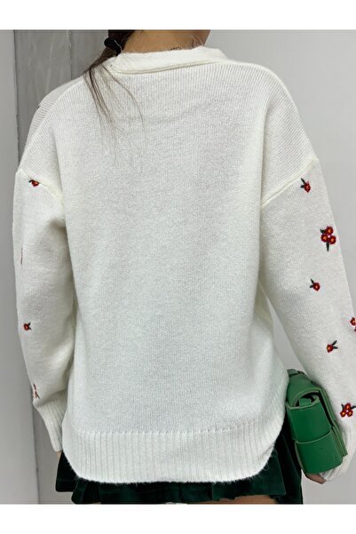 Modamorfo Ecru Flower Embroidered Knitwear Cardigan