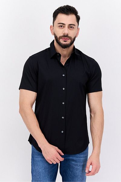THEORY Men Tailored Fit Short Sleeves Plain Casual Shirt, Black