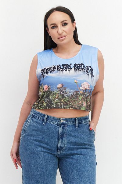 NEW girl ORDER Women Curvy Round Neck Sleeveless Graphic Print Crop Top, Blue