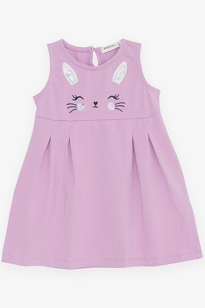 Breeze Girl's Dress, Embroidered, Sequined, Cute Kitten Printed, 1.5-5 Years, Lilac