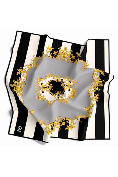 VİOLLA Ασημί χρώμα Twill ριγέ μπαρόκ μοτίβο 90x90 κασκόλ - Χωρίς μετάξι