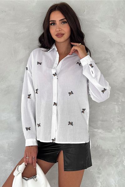 FEMELLE Cămașă de damă, albă, cu mânecă pliabilă, broderie de iepure, 100% bumbac