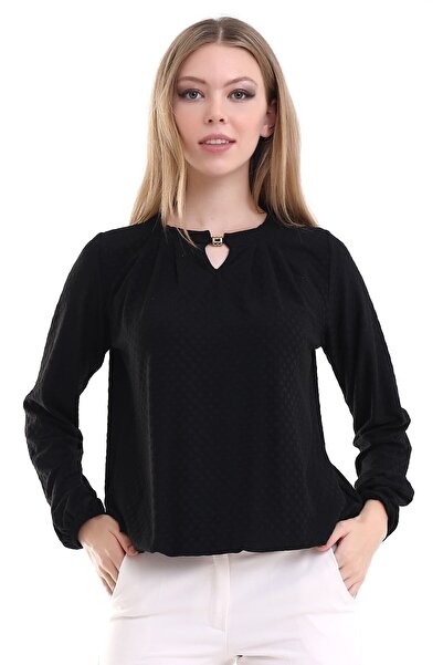 Şiir Kadoma Kadın Siyah Pileli Damla Yaka Aksesuarlı Örme Jakar Penye Uzun Kollu Bluz & Tesettür Bluz