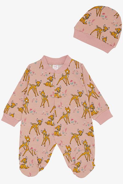 Breeze 0-6 Months Baby Girl Jumpsuit - Dried Rose with Booties, Forest Theme, Cheerful and Gazelle Pattern