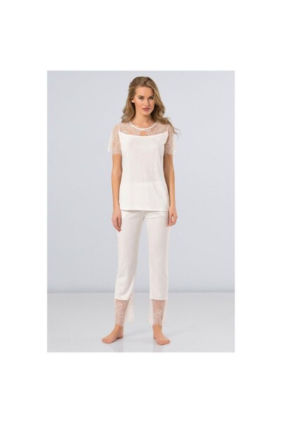 TÜREN 3279 Set pijama cu mânecă scurtă din dantelă - Ecru