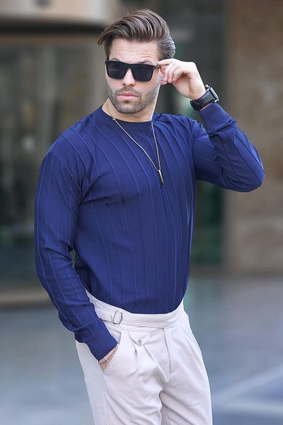 Madmext Μακρυμάνικο ριγέ ναυτικό πουλόβερ - Crew Neck 7244