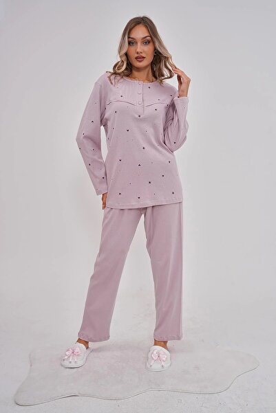 Mecit Pijama Set de pijamale pentru femei, 100% bumbac, cu mânecă lungă, cu guler cu nasturi