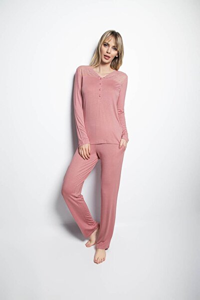 MONAMİSE 19215 Kadın Uzun Kollu Pijama Takım-Pembe