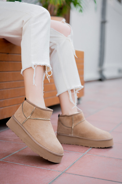 Freemax Kadın içi Komple Kürk Hafif Yüksek Taban Mini Bot Vizon