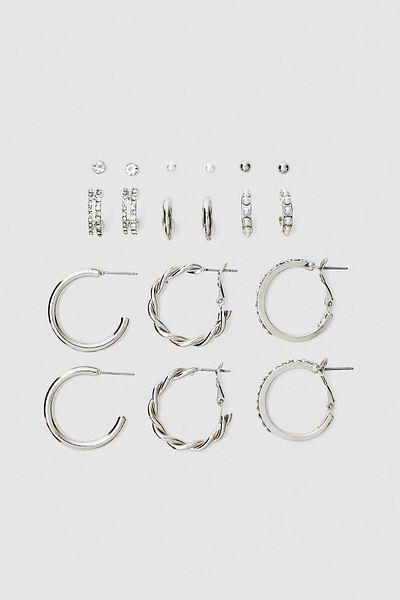 Stradivarius Set of 9 rhinestone and pearl bead hoop earrings