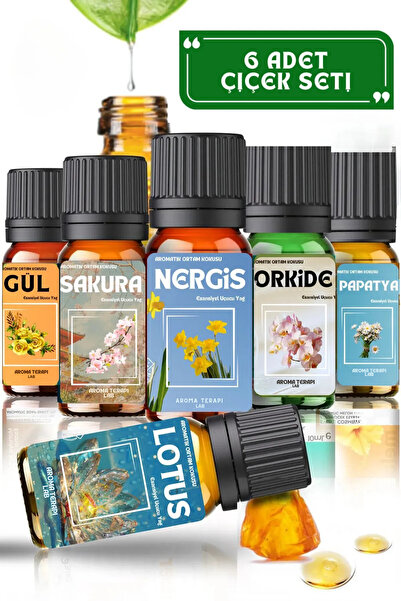 Aroma Terapi Lab Şifalı Çiçek Esansları Seti 6 Adet - Saf Esansiyel Yağ - Oda...