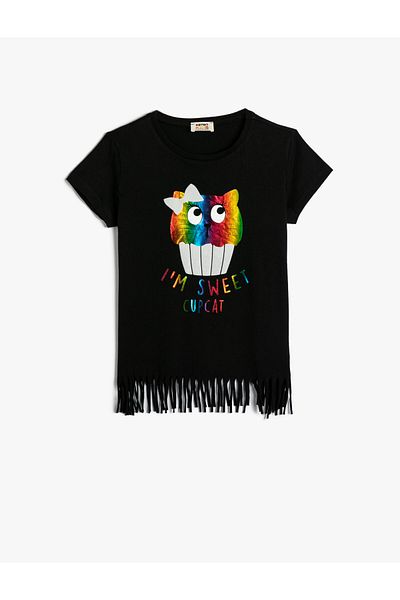 Koton Tasseled T-Shirt Cat Printed Short Sleeve Cotton